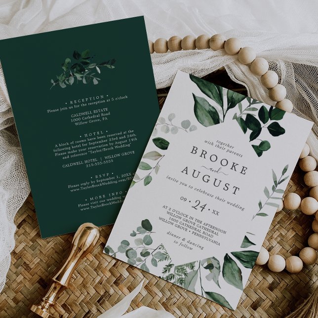 Convite Casamento Tudo em Um com Verdor Esmeralda (Emerald Greenery All In One Wedding Invitation)