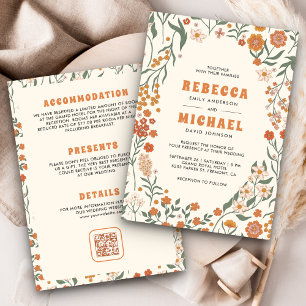 Convite Casamento Tudo em Um Creme Laranja Groovy Wildflow