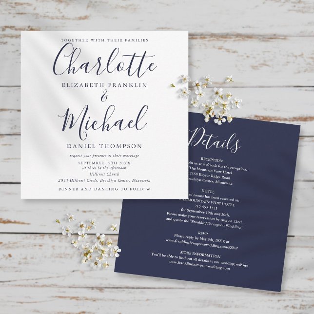 Convite Casamento Tudo Em Um de Script Azul Marinho Elegan (Criador carregado)