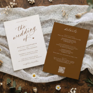 Convite Casamento Tudo em Um de Script Marrom & Creme Eleg