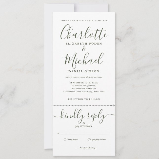 Convite Casamento Tudo Em Um de Script Verde Oliva Elegant (Frente)