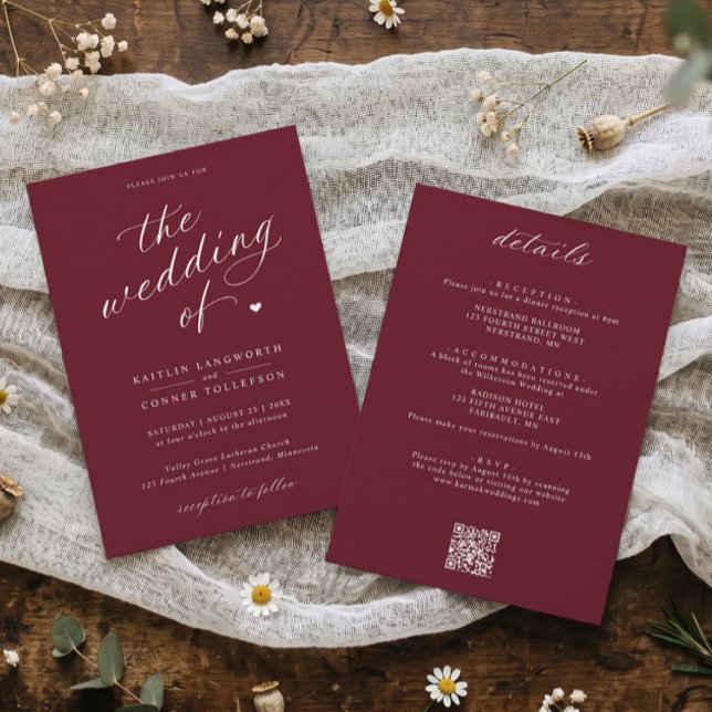 Convite Casamento Tudo em Um de Script Vermelho Borgonha E (Burgundy red wedding invitation with white calligraphy and elegant classic typography.)