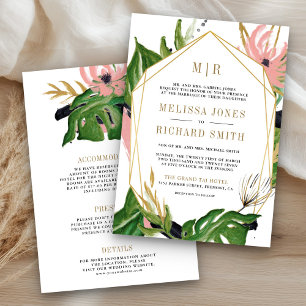 Convite Casamento Tudo em Um Floral Rosa Dourado Tropical