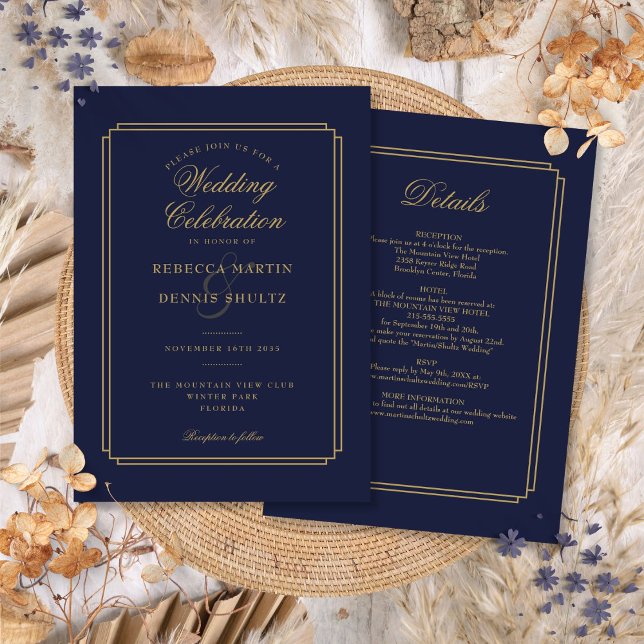 Convite Casamento tudo em um Marinho de Deco Azul e Dourad (All In One Navy Blue and Gold Art Deco Wedding Invitation)