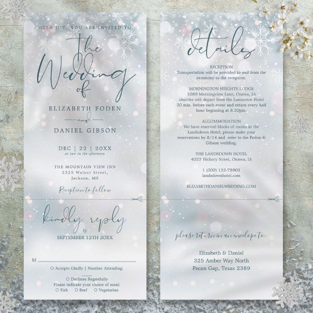Convite Casamento Tudo Em Um no País das Maravilhas de Inv (Winter Wonderland Snow All In One Wedding Invitation)