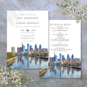 Convite Casamento Tudo Em Um Philadelphia Skyline Aquarela