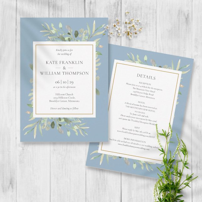 Convite Casamento Tudo Em Um Quadro Dourado com Verde e Az (Criador carregado)