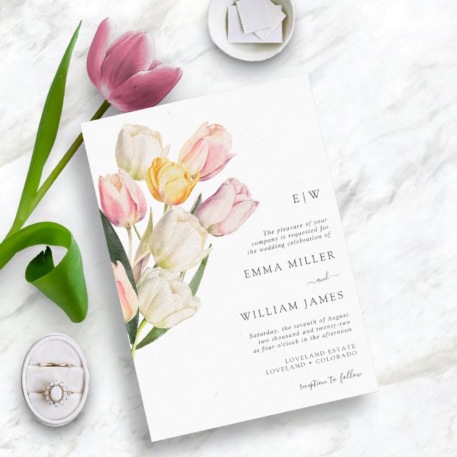 Convite Casamento Tulipa Moderna (Watercolor Spring Tulips Monogrammed Wedding Invitations by Painted Paperie)