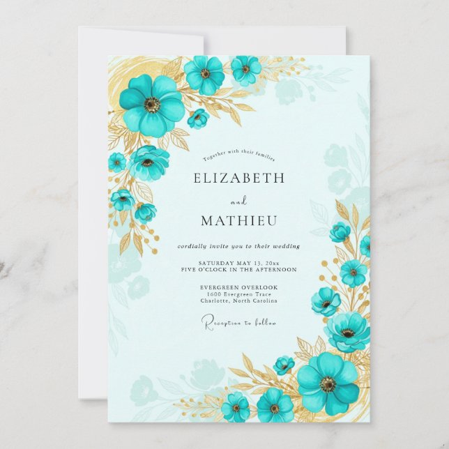 Convite Casamento Turquesa Dourado Brilhante Costeiro (Frente)