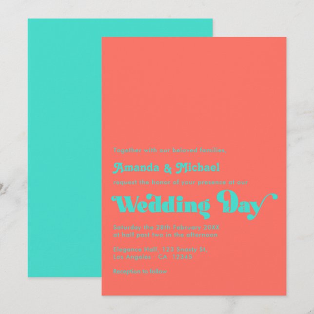 Convite Casamento Turquesa e Coral (Frente/Verso)
