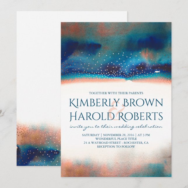 Convite Casamento Turquesa e Peach Modern Watercolor (Frente/Verso)