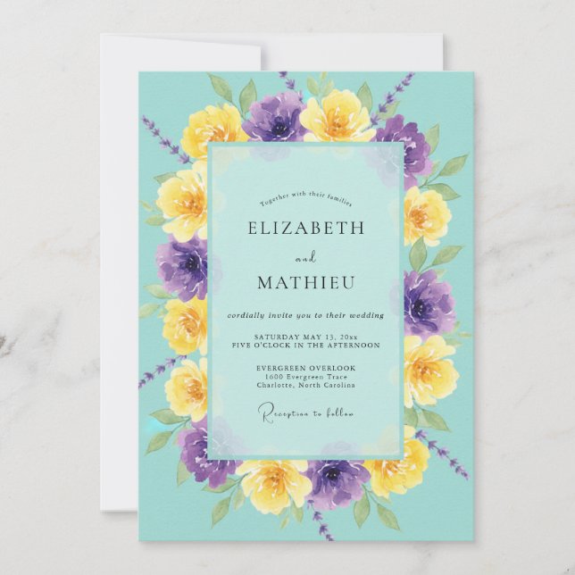 Convite Casamento Turquesa Violeta Ranunculus Eucalipto (Frente)