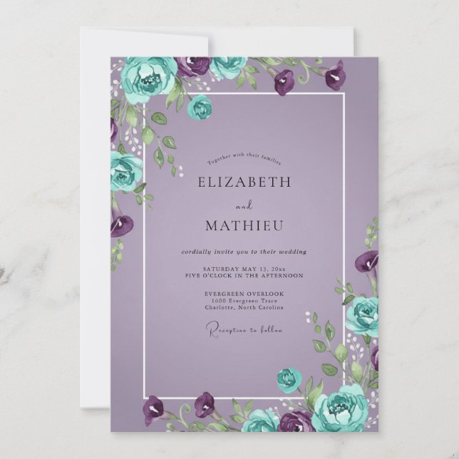 Convite Casamento Turquoise Amethyst Ranunculus Eucalipto (Frente)