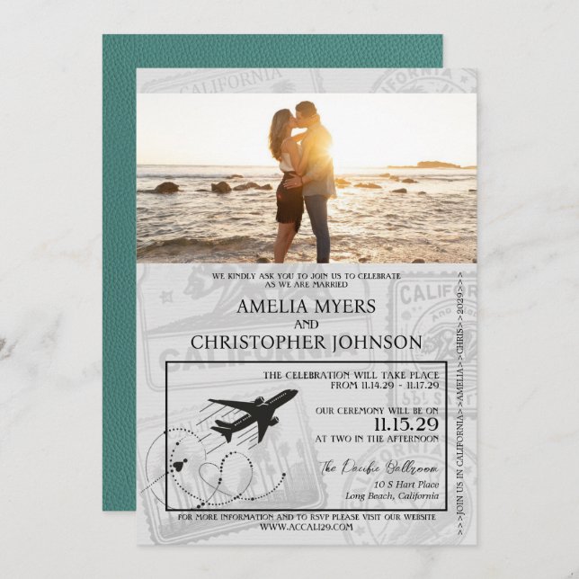 Convite Casamento Turquoise California Passport (Frente/Verso)
