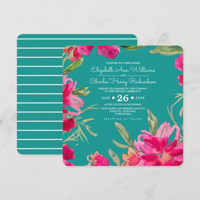 Convite Casamento Turquoise Fuchsia Floral Watercolor (Frente/Verso)