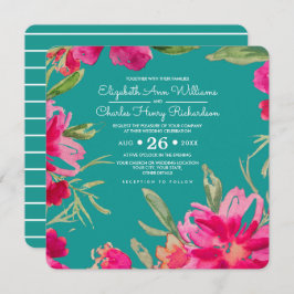 Convite Casamento Turquoise Fuchsia Floral Watercolor