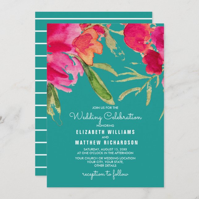 Convite Casamento Turquoise Fuchsia Floral Watercolor (Frente/Verso)