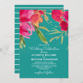 Convite Casamento Turquoise Fuchsia Floral Watercolor