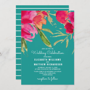 Convite Casamento Turquoise Fuchsia Floral Watercolor