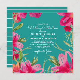 Convite Casamento Turquoise Fuchsia Floral Watercolor
