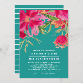 Convite Casamento Turquoise Fuchsia Floral Watercolor