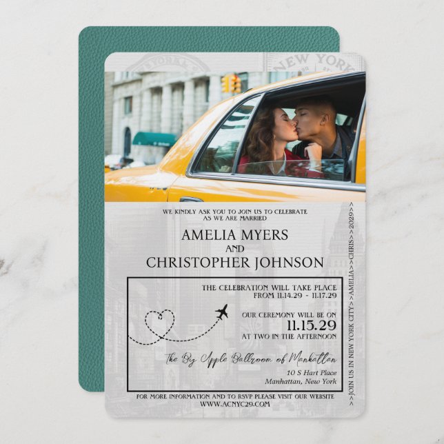 Convite Casamento Turquoise Nova Iorque Passport (Frente/Verso)