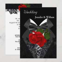 Convite Casamento Tuxedo Preto Branco Rosa Vermelho Fundo 