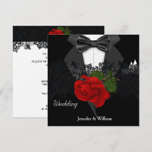 Convite Casamento Tuxedo Preto Branco Rosa Vermelho Fundo