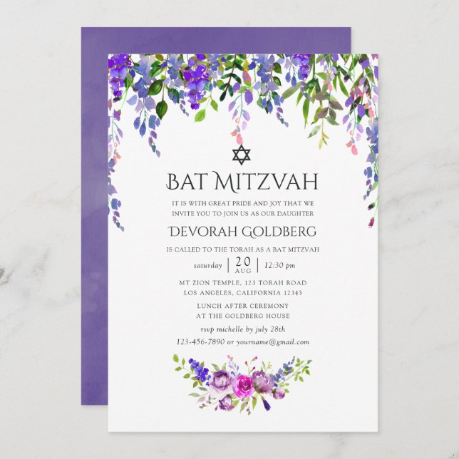 Convite Casamento Ultra Violet Watercolor Bat Mitzvah (Frente/Verso)