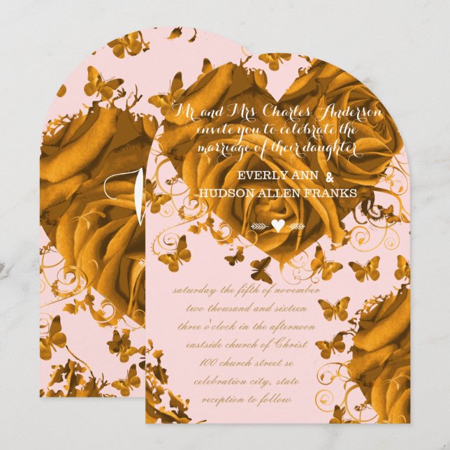 Convite Casamento único de Douradas e Rosas cor-de-rosa-Ro (Frente/Verso)