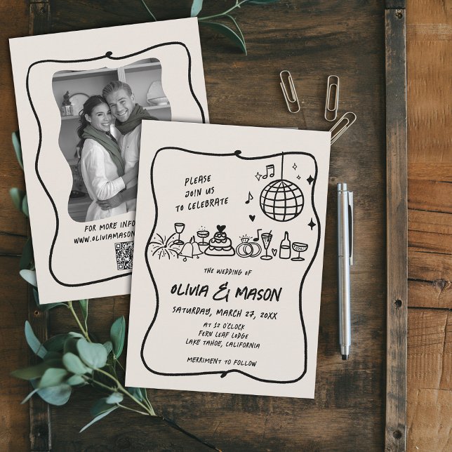 Convite Casamento Único de Portas Modernas Desenhadas À Mã (hand drawn wedding invitation doodle illustration squiggle wavy frame modern funky unique ecru)