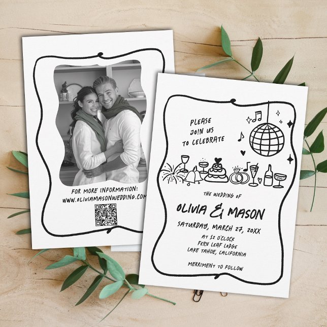 Convite Casamento Único Funk Moderno Desenhado à Mão (hand drawn wedding invitation doodle illustration squiggle wavy frame black white modern)