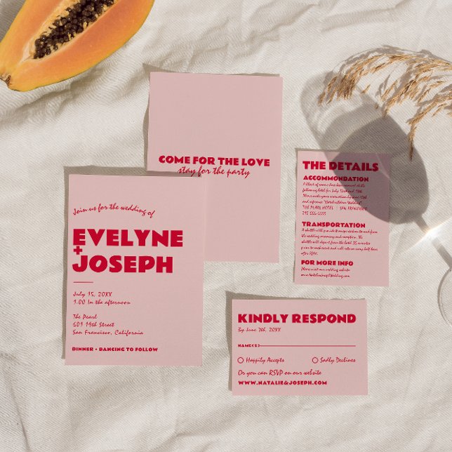 Convite Casamento Único Funk Vermelho Cor-de-Rosa Moderno (Criador carregado)