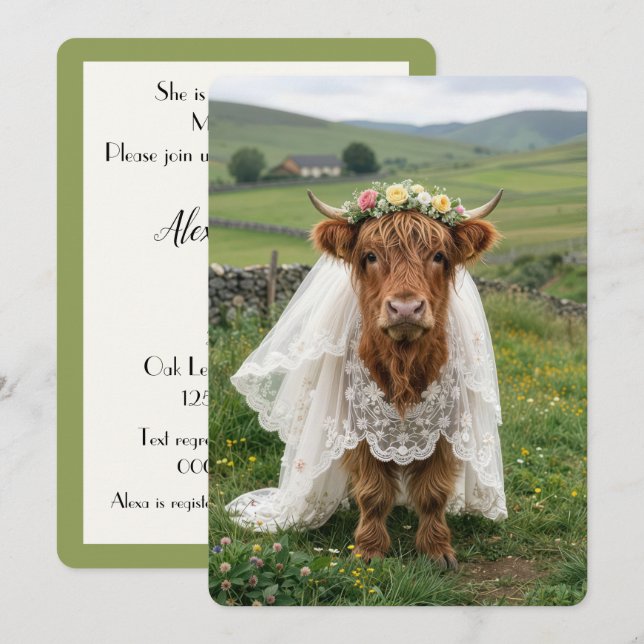 Convite Casamento Vaca Highland Chuva de Casamento (Frente/Verso)