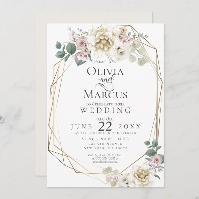Convite Casamento | Vanilla Watercolor Peony Flowers (Frente/Verso)