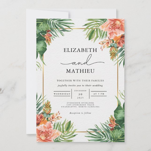 Convite Casamento Verdant Palms & Coral Blooms (Frente)