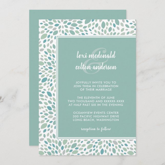 Convite Casamento Verde Abstrato Floral Chic Seaside (Frente/Verso)