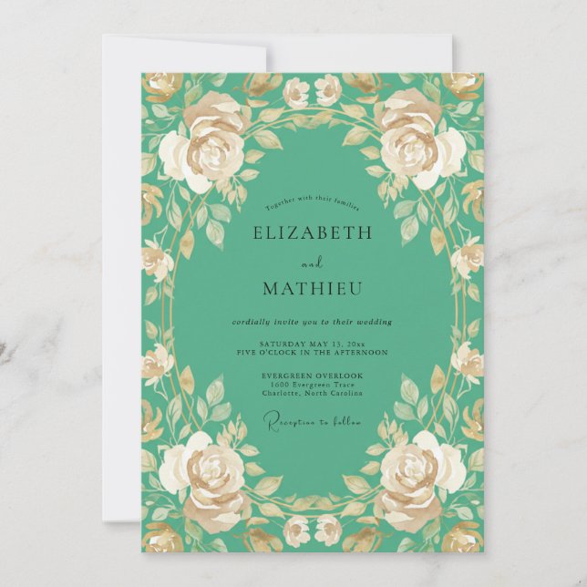 Convite Casamento Verde-Água com Folhas e Champanhe (Frente)