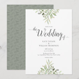 Convite Casamento Verde Água Folhagem Script