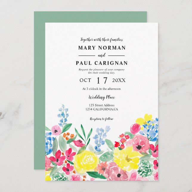 Convite Casamento verde-aquarela rosa-vermelho-russo (Frente/Verso)