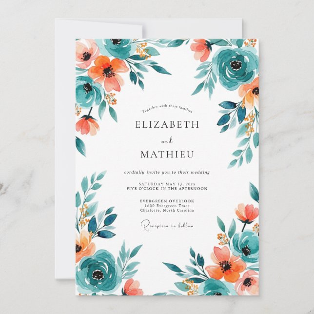 Convite Casamento Verde-azulado e Exuberante de Primavera (Frente)
