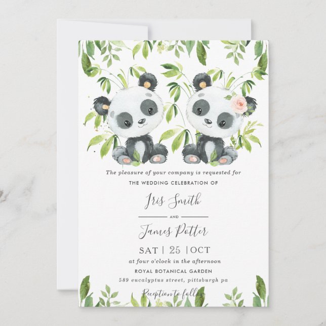 Convite Casamento Verde Bamboo Verde Pandas (Frente)
