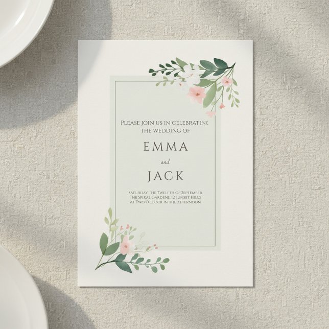 Convite Casamento Verde Beige Elegante dos cantos Florais  (Soft Floral Corners Green Beige Elegant wedding Invitation.)