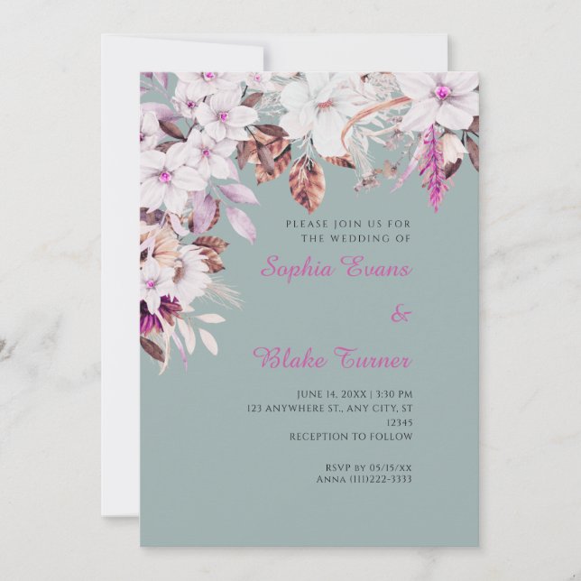 Convite Casamento Verde Boho Branco e Rosa Floral Outono (Frente)