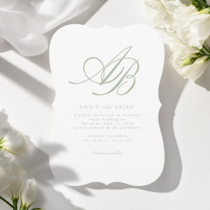 Convite Casamento Verde Branco Monograma Elegante