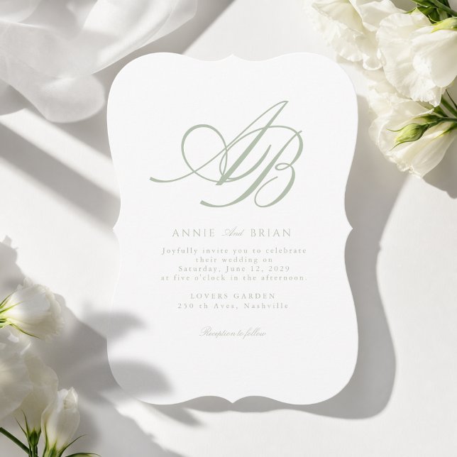 Convite Casamento Verde Branco Monograma Elegante (Elegant Monogram White  Sage Green Wedding Invitation)