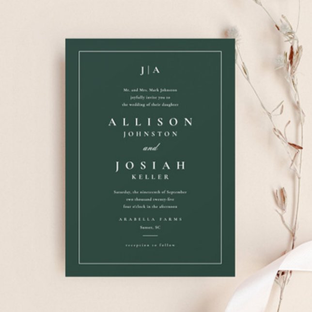 Convite Casamento Verde Clássico (Elegant Dark Green Wedding Invitation.)