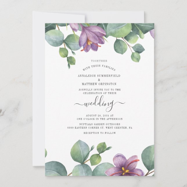 Convite Casamento Verde com Aquarela de Eucalipto (Frente)