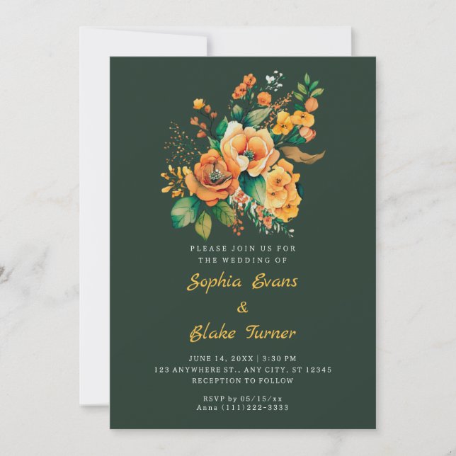 Convite Casamento Verde Com Buquê Floral Laranja E Verde (Frente)