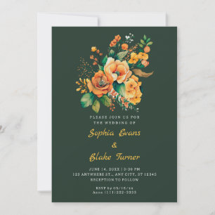 Convite Casamento Verde Com Buquê Floral Laranja E Verde